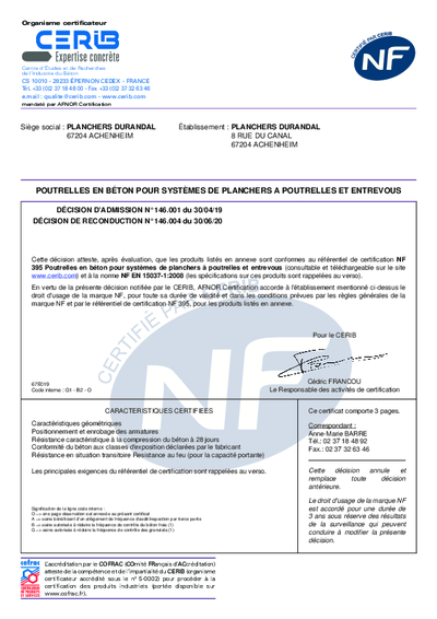 Certificat NF - Poutrelles durandal - Achenheim