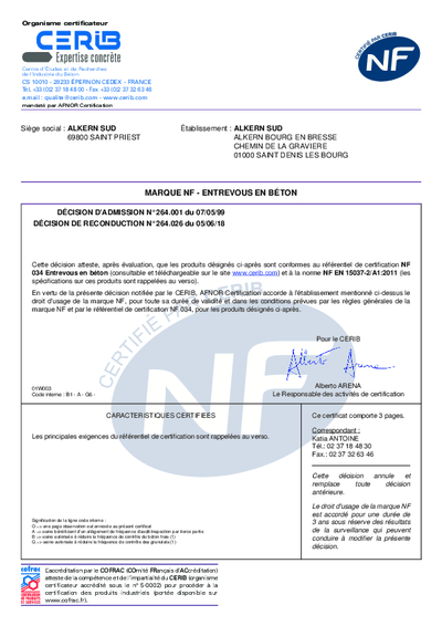 CERTIFICAT NF - ENTREVOUS - USINE MEXIMIEUX
