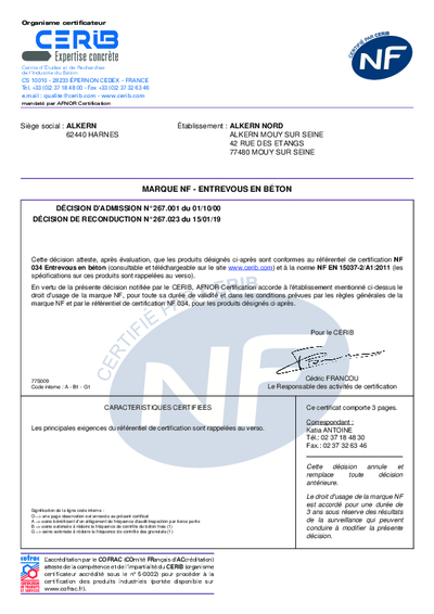 CERTIFICAT NF - ENTREVOUS - USINE MOUY