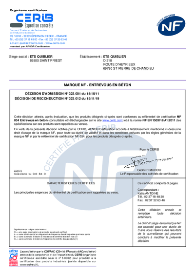 CERTIFICAT NF - ENTREVOUS - USINE QUIBLIER