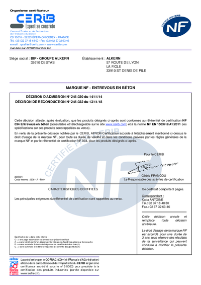 CERTIFICAT NF - ENTREVOUS - USINE ST DENIS DE PILE
