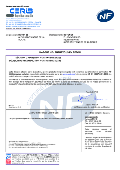 CERTIFICAT NF - ENTREVOUS - USINE BETON 06