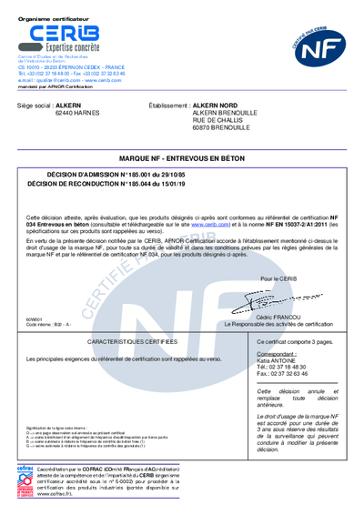 CERTIFICAT NF - ENTREVOUS - USINE BRENOUILLE