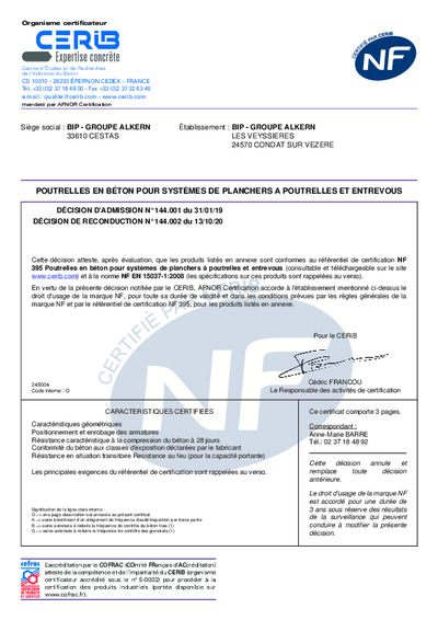 CERTIFICAT NF - POUTRELLES - USINE CONDAT