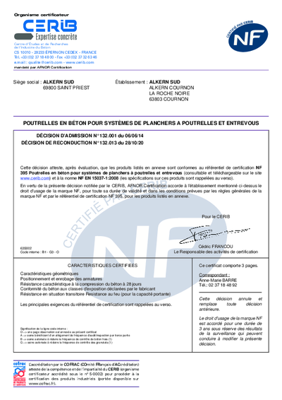 CERTIFICAT NF - POUTRELLES - USINE COURNON