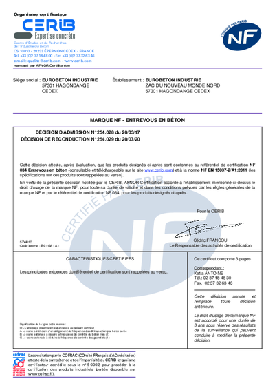 ATTESTATION NF ENTREVOUS EN BETON HAGONDANGE