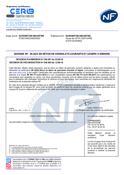 ATTESTATION NF BLOC EN BETON UCKANGE
