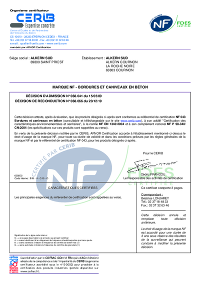 Marque NF Bordures et Caniveaux Cournon