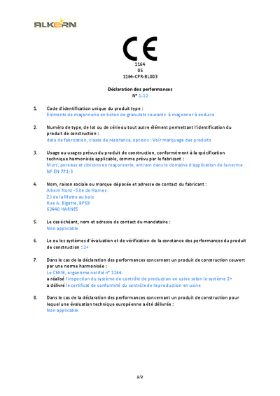 DOP -Blocs à maçonner - Harnes