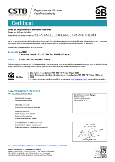 Certificat QB isoplanel et ruptherm
