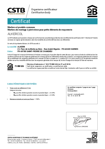 Certificat QB Alkercol