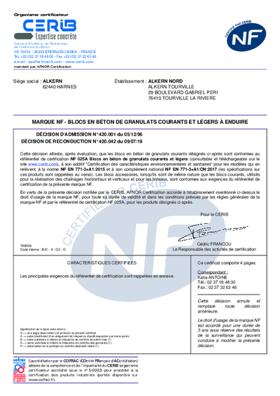 CERTIFICAT NF - BLOCS BETON DE GRANULATS COURANTS - USINE TOURVILLE