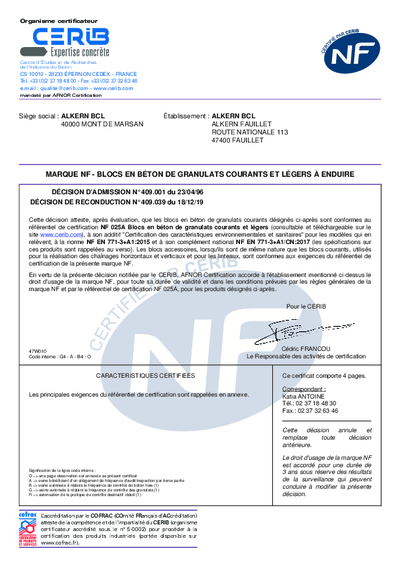 Certificat NF - Tonneins - Elitherm Elipsi