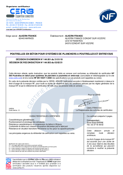 Certification NF - Poutrelles précontraintes - CONDAT