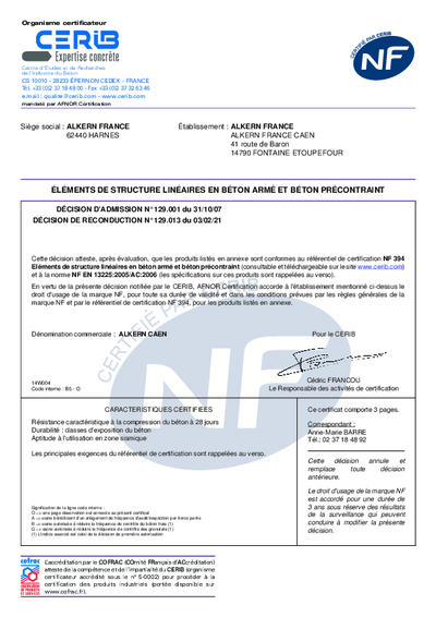 Certificat NF - Elements de structure linéaires en béton armé et précontraint - CAEN