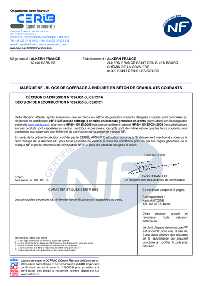 Certificat NF - BLOCS DE COFFRAGE - USINE SAINT DENIS LES BOURG