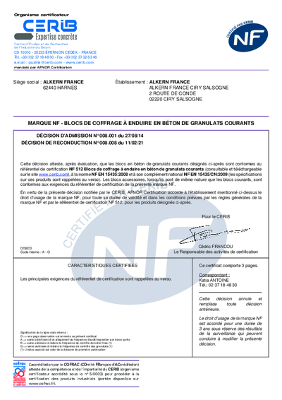 Certificat NF - BLOCS DE COFFRAGE - USINE CIRY SALSOGNE