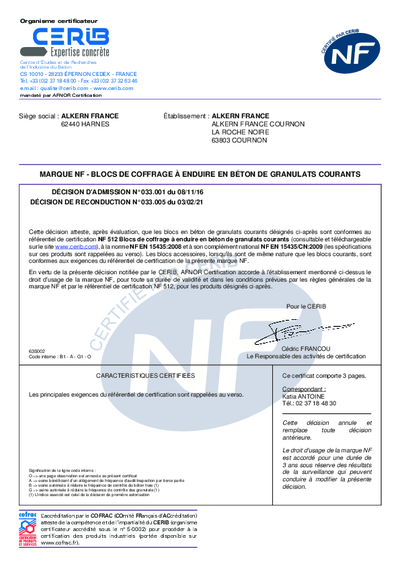 Certificat NF - BLOCS DE COFFRAGE - USINE COURNON