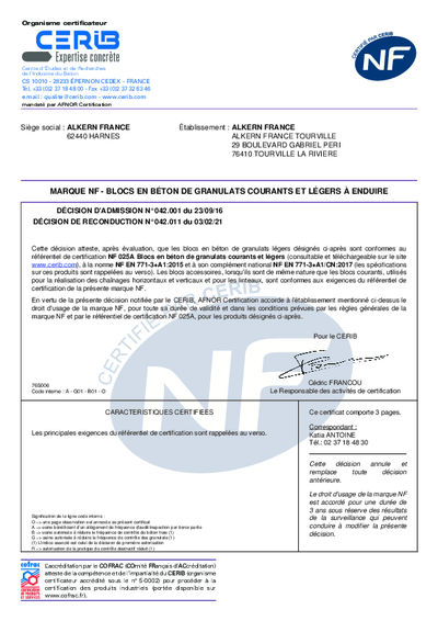 Certificat NF - Blocs de granulats légers- Usine Tourville