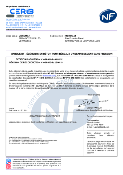 Certificat NF - tuyaux - Vibromat